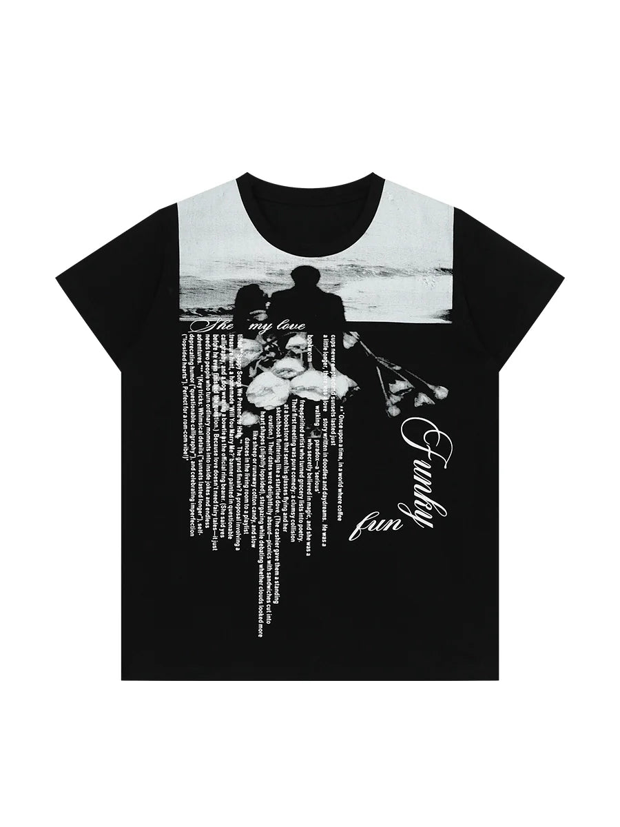 FUNKYFUN Full Print Portrait Slogan Front Shoulder Tee