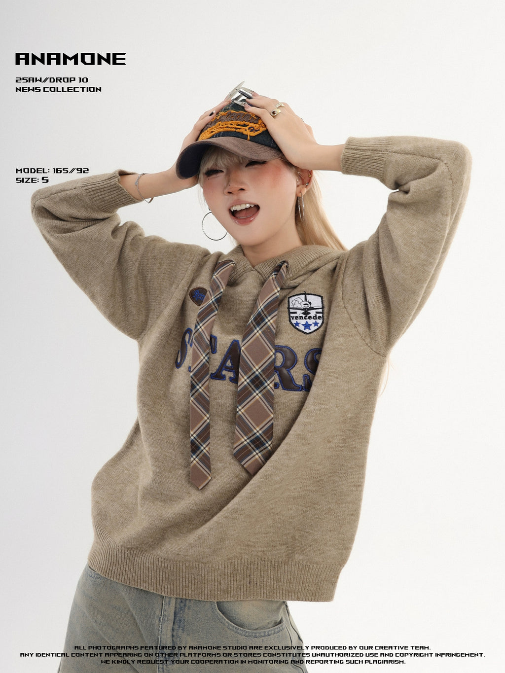 ANAMONE Retro College Pattern Tie Hooded Sweater