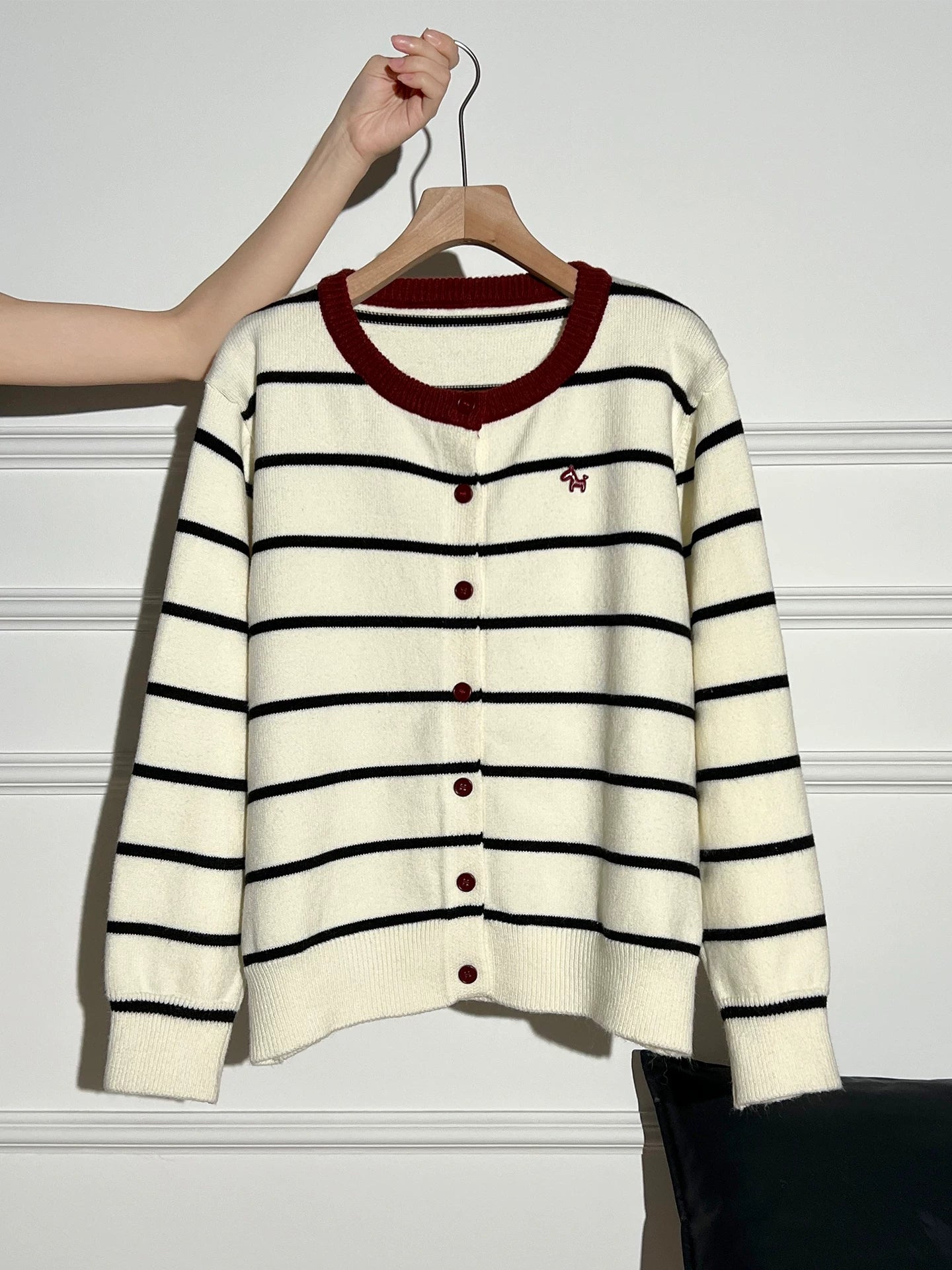 AUDISTY Pony Embroidery Contrast Striped Sweater Cardigan