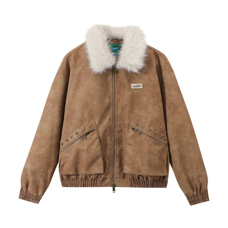 Mr. Jiangnan NewJNXS Retro PU Leather Jacket with Detachable Fur Collar