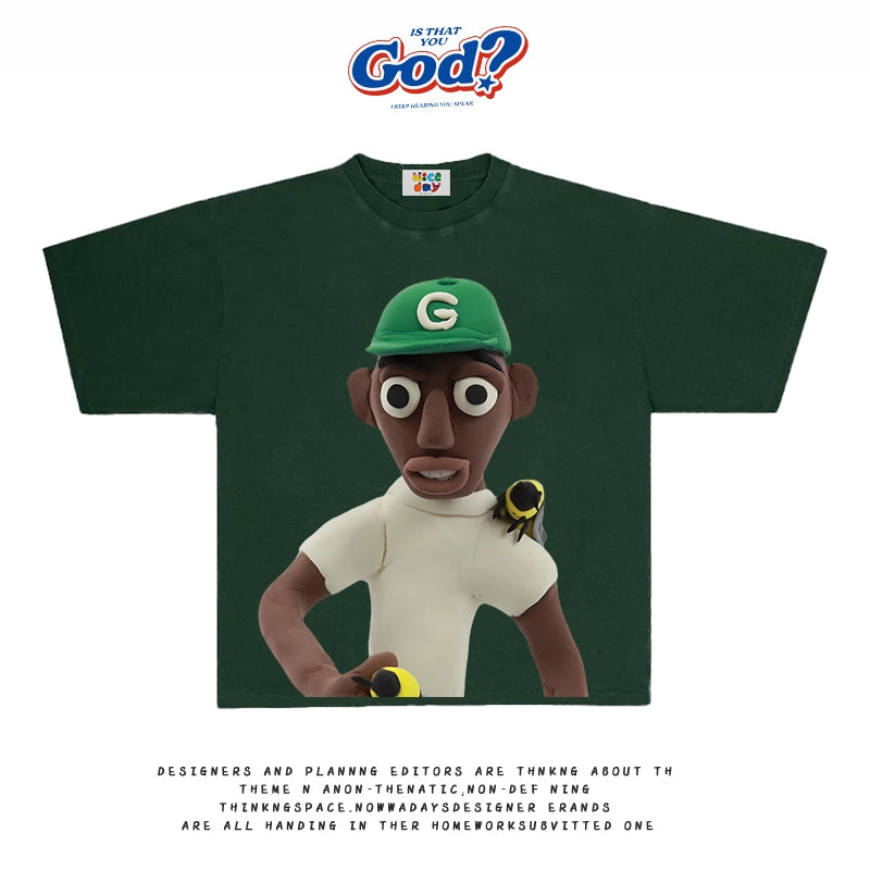 GOODGOD Green Hat Boy Printed Casual T-Shirt