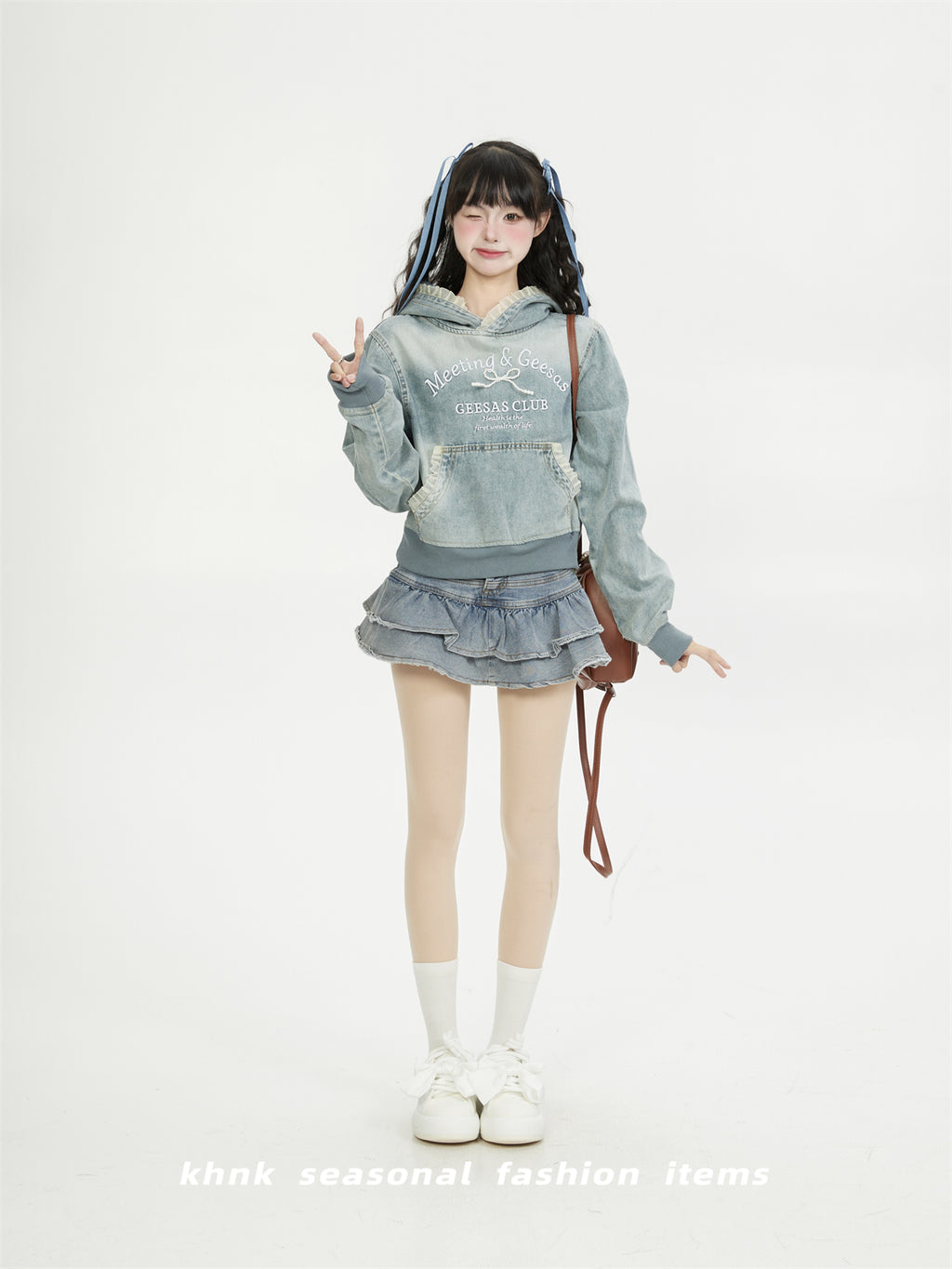 NERESUM Lace Patchwork Denim Hoodie Sweatshirt Trendy Preppy Street Cropped Hoodies