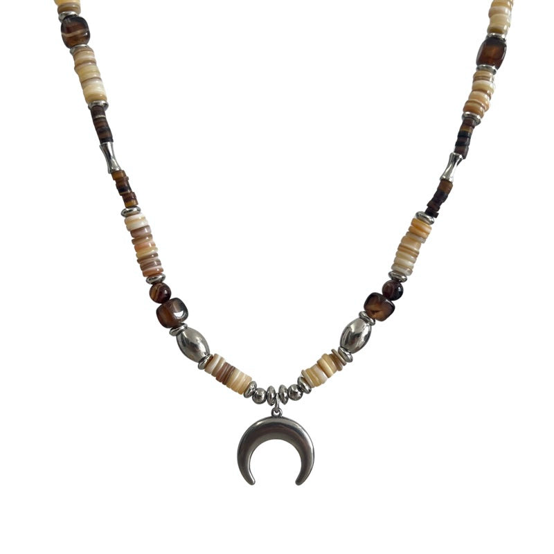 Natural Stone Beaded Crescent Moon Clavicle Necklace