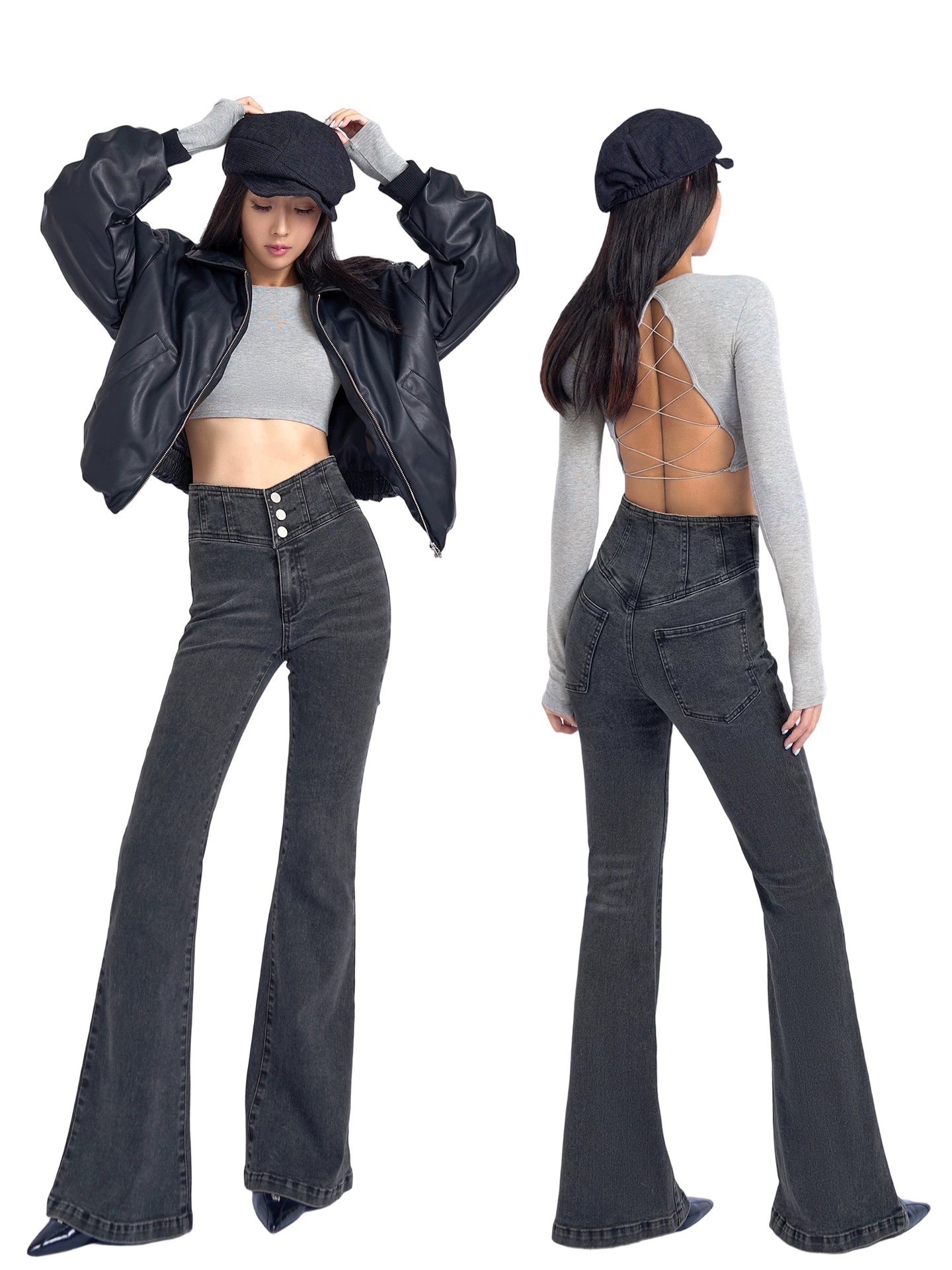 ABMY® V-Waist Herringbone Flared Jeans