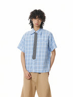 BTSG Detachable Tie Plaid Short Sleeve Shirt
