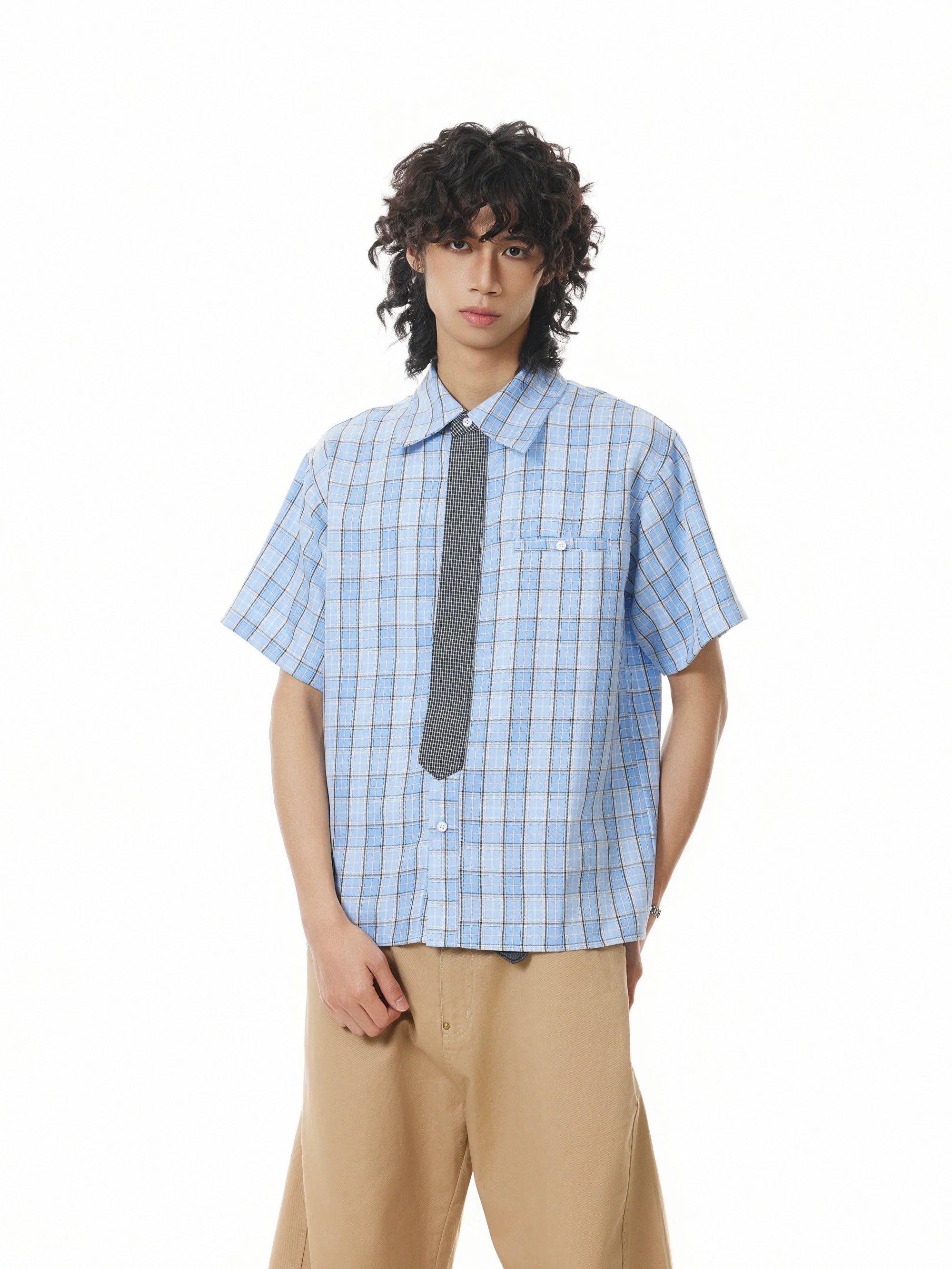 BTSG Detachable Tie Plaid Short Sleeve Shirt
