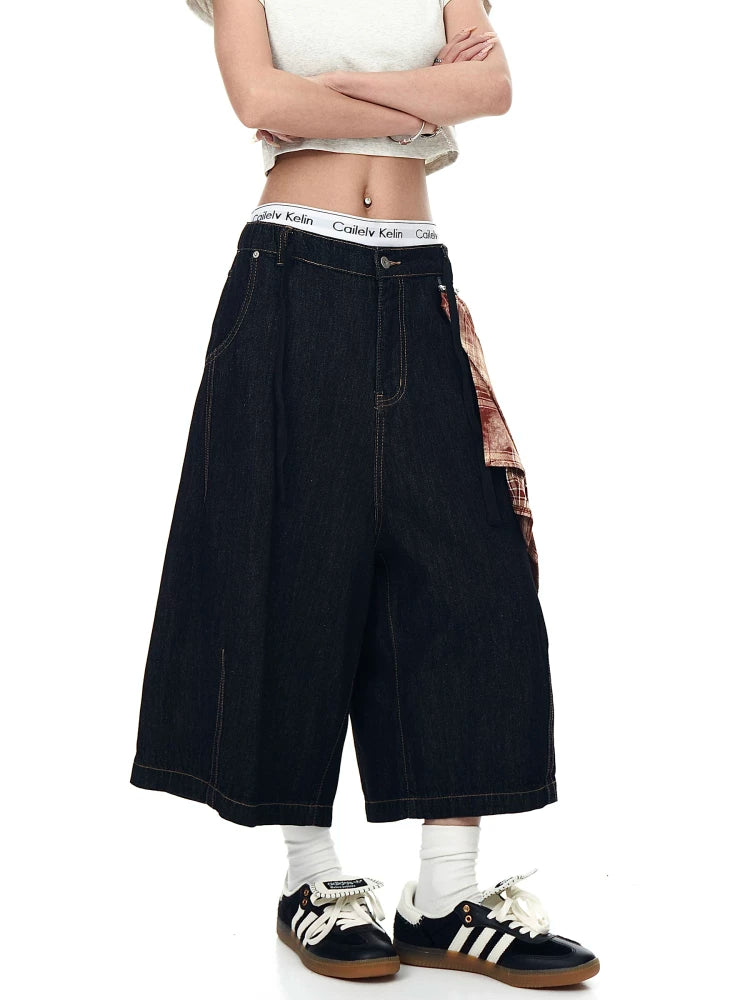American Street Detachable Scarf Denim Cropped Shorts