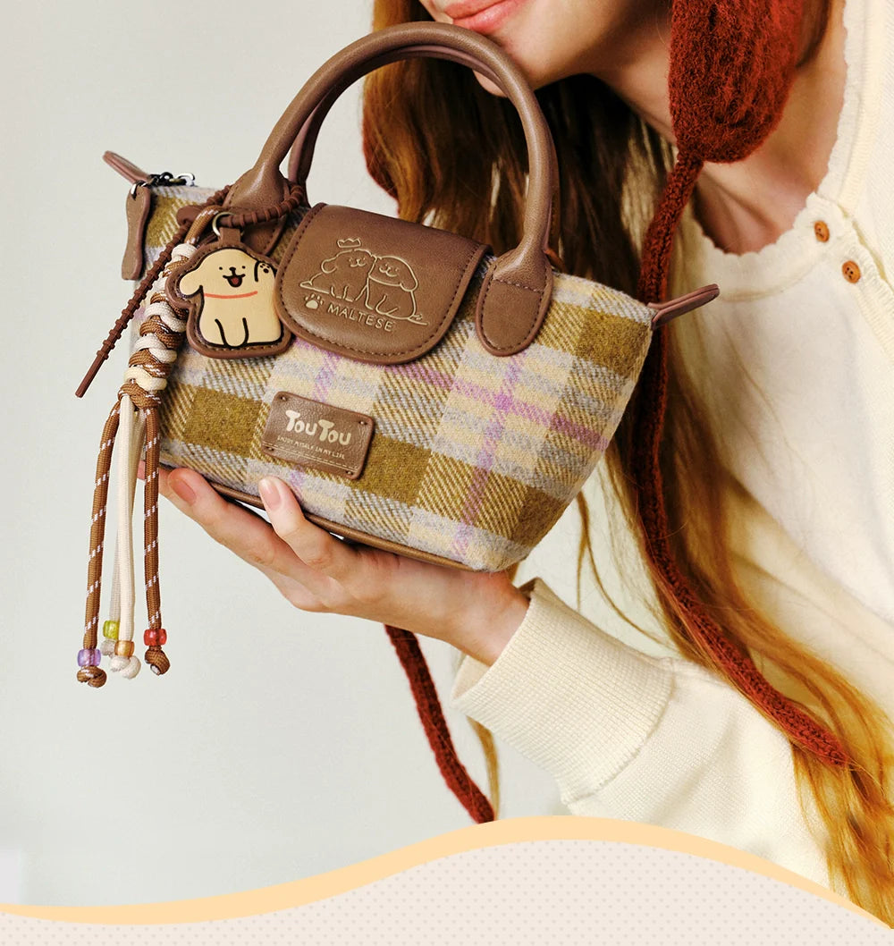 TOUTOU Line Puppy Plaid Woolen Messenger Bag