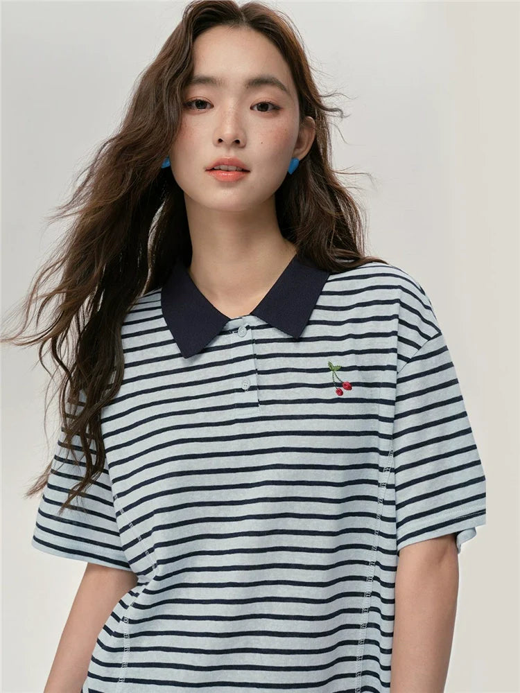 Giordano Contrasting Striped Cherry Embroidered Lapel Tee