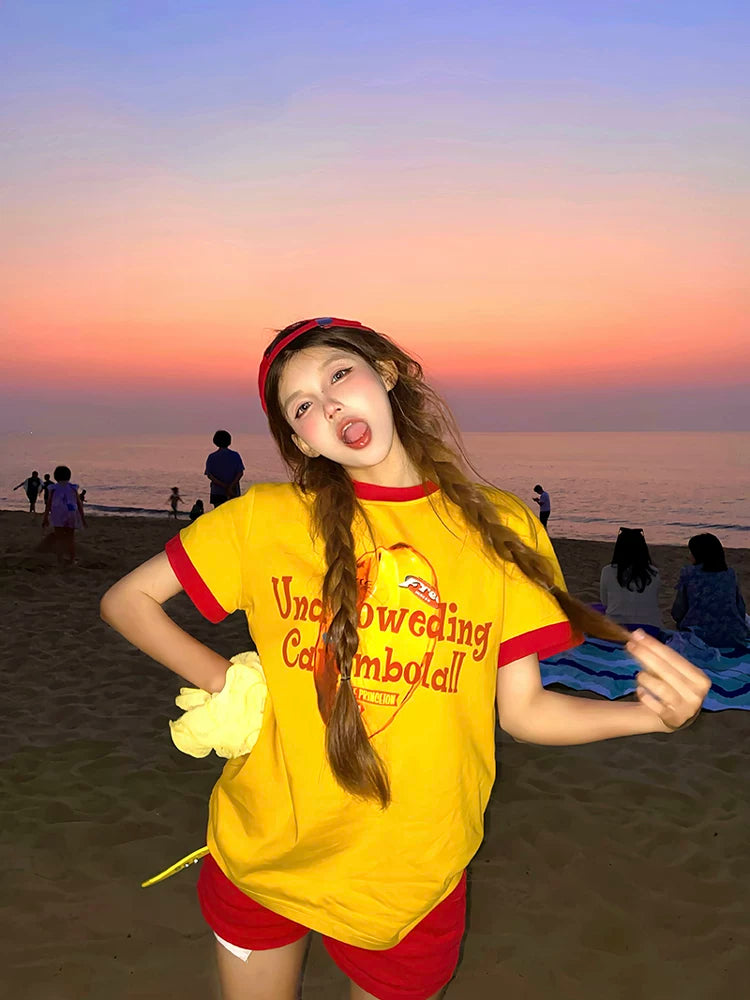 SIXMINU Contrast Shoulder Pure Cotton Round Neck T Shirt