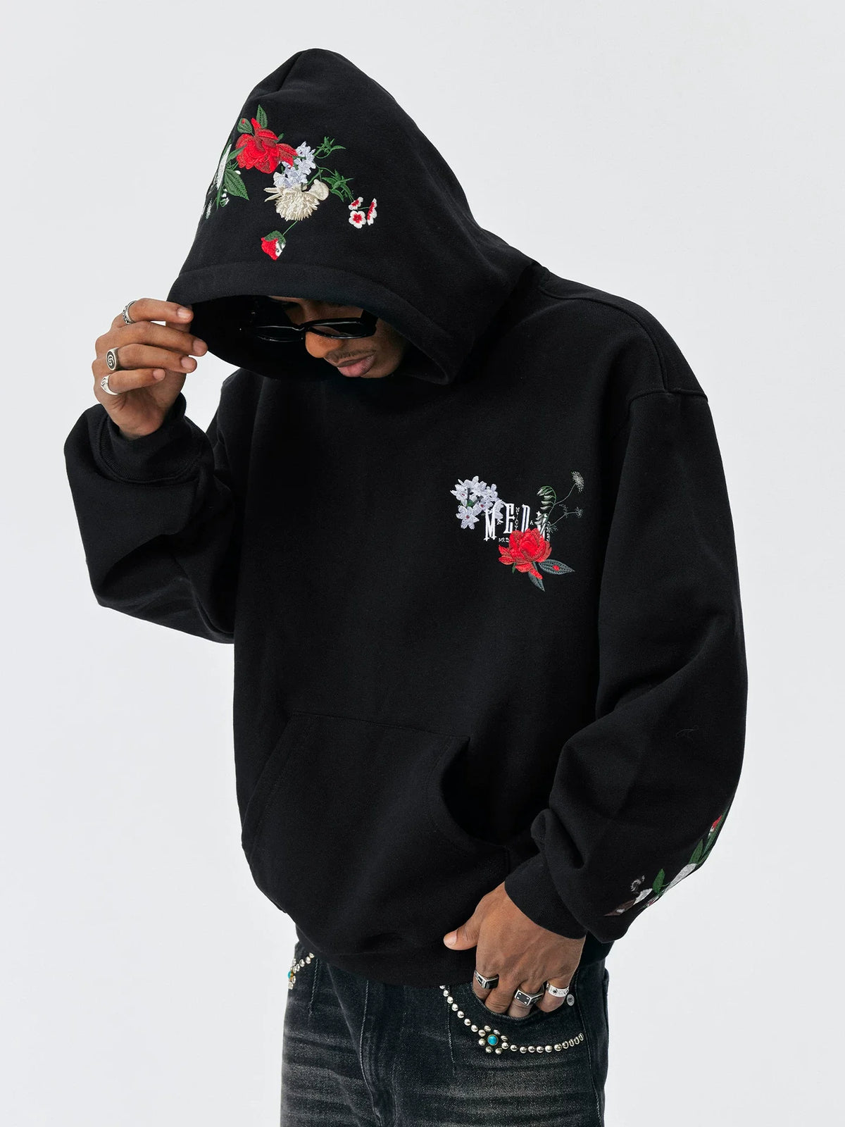 MEDM Floral Embroidered Casual Hooded Sweater