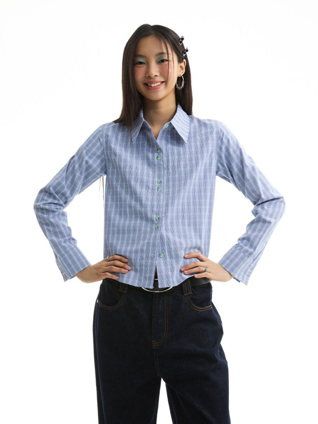 FUNKYFUN Checked Slim-fit Waist Long-sleeved Shirt