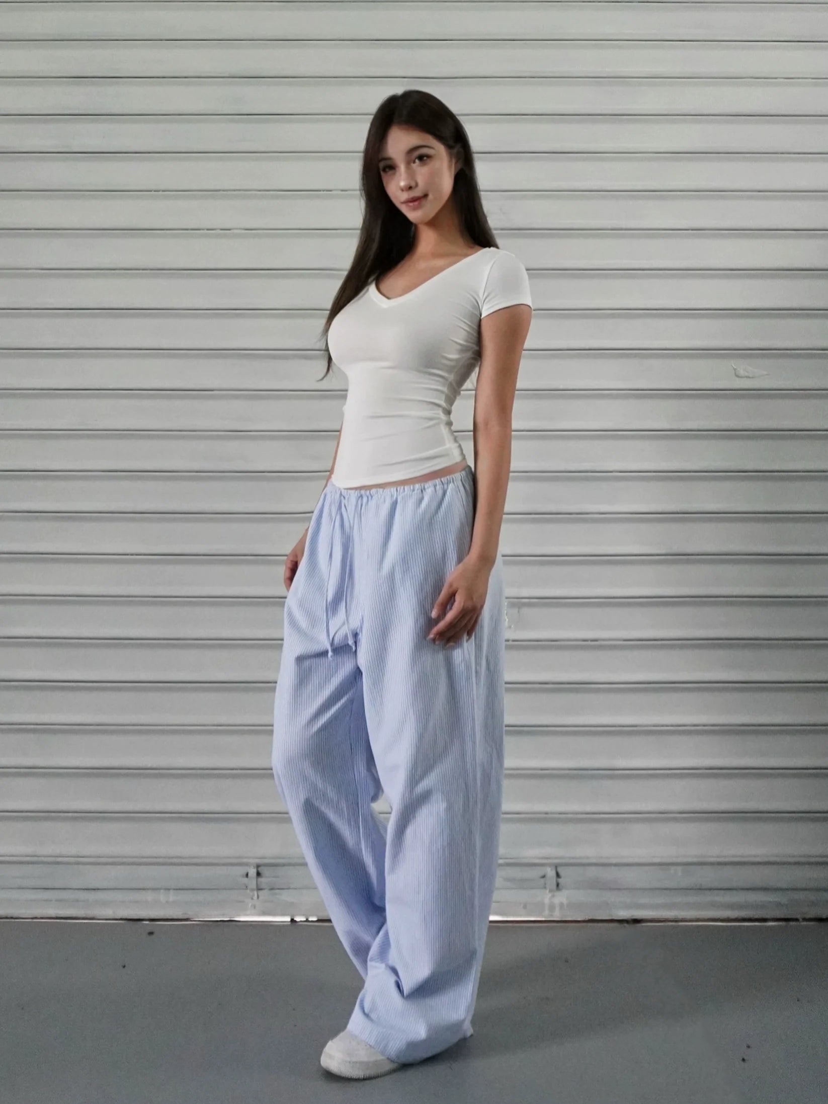 Jim Kennet Blue and White Striped Wide Leg Drawstring Pants