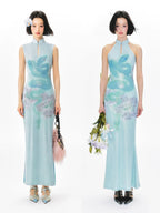 YEDM Blue Snake Print Neck Cheongsam Dress