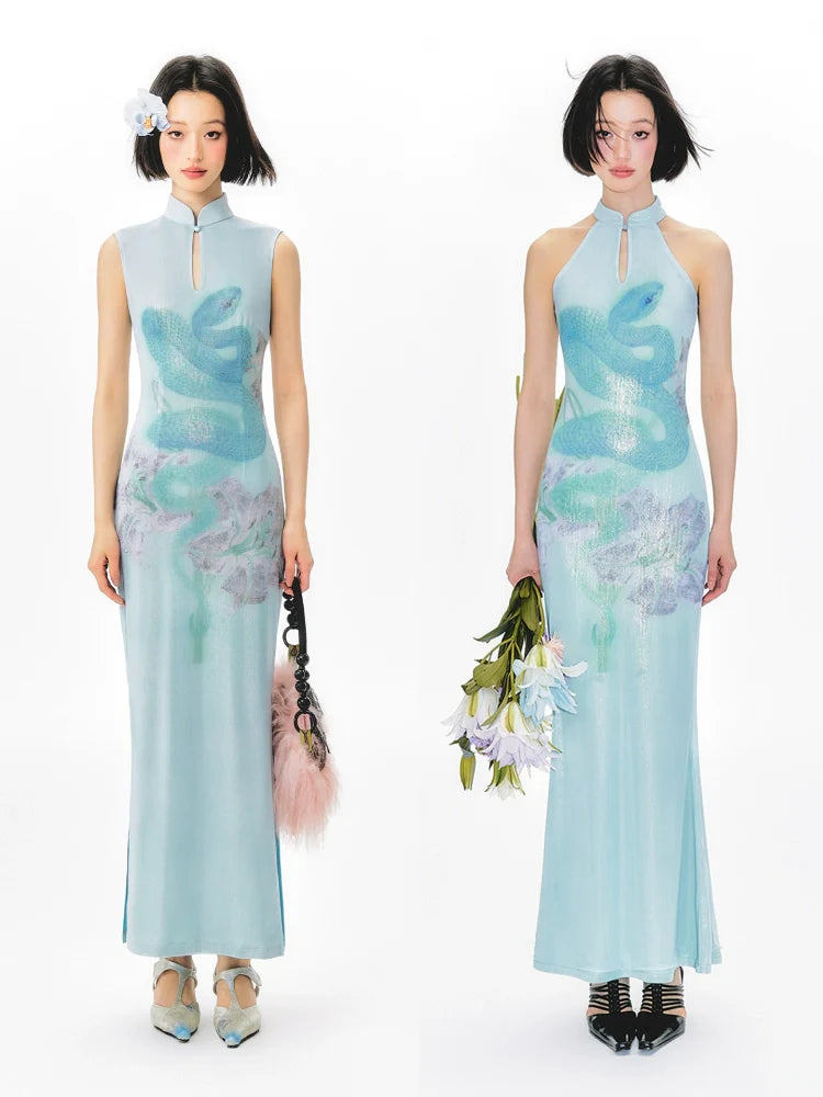 YEDM Blue Snake Print Neck Cheongsam Dress