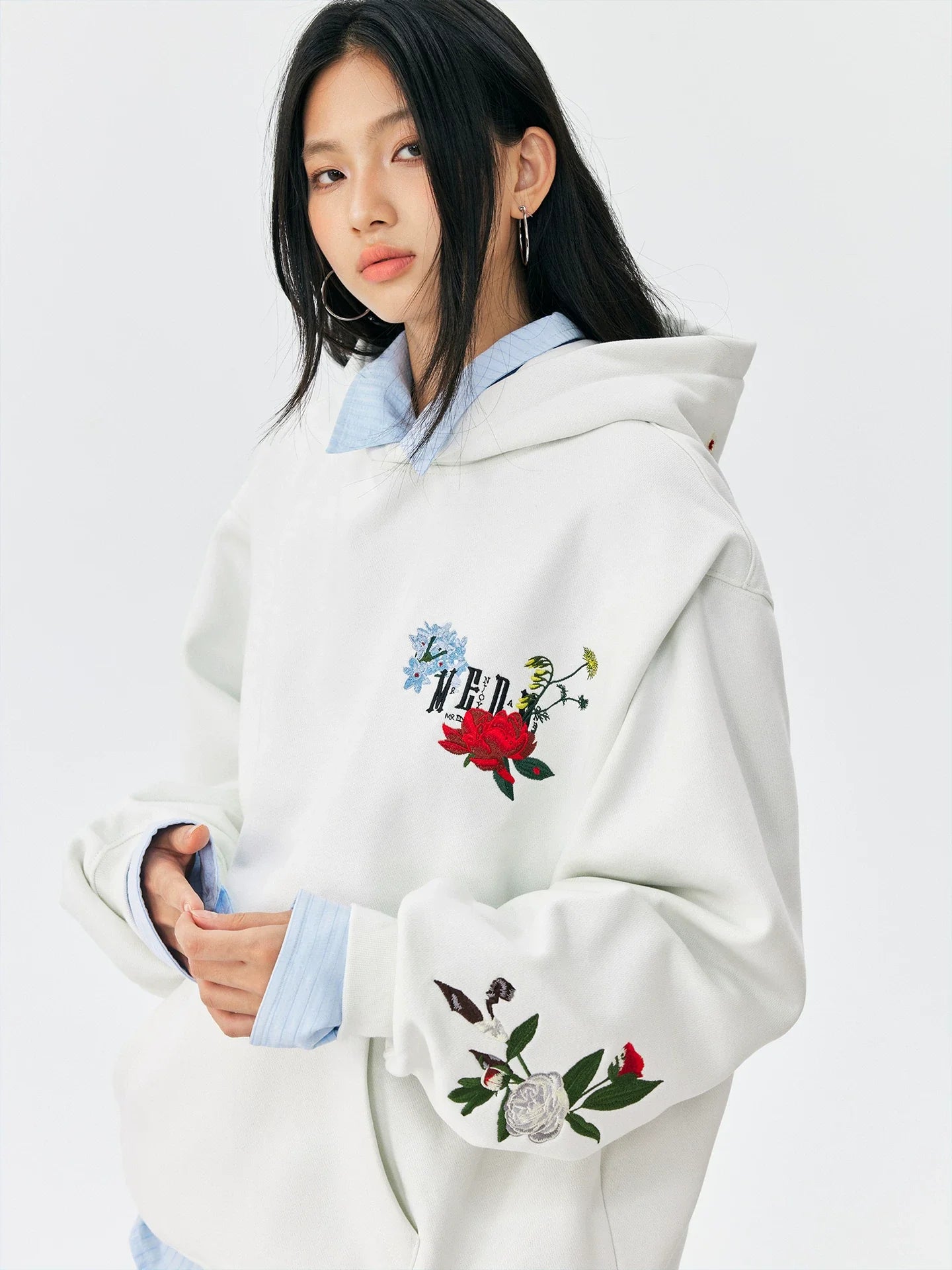 MEDM Floral Embroidered Casual Hooded Sweater
