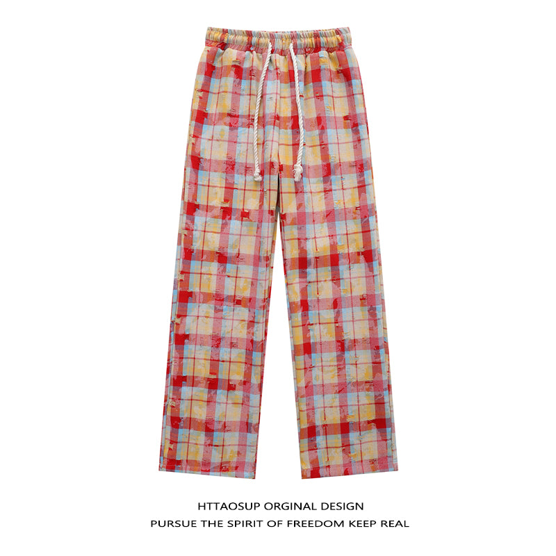 HTTAOSUP Retro Plaid Wide-Leg Pants
