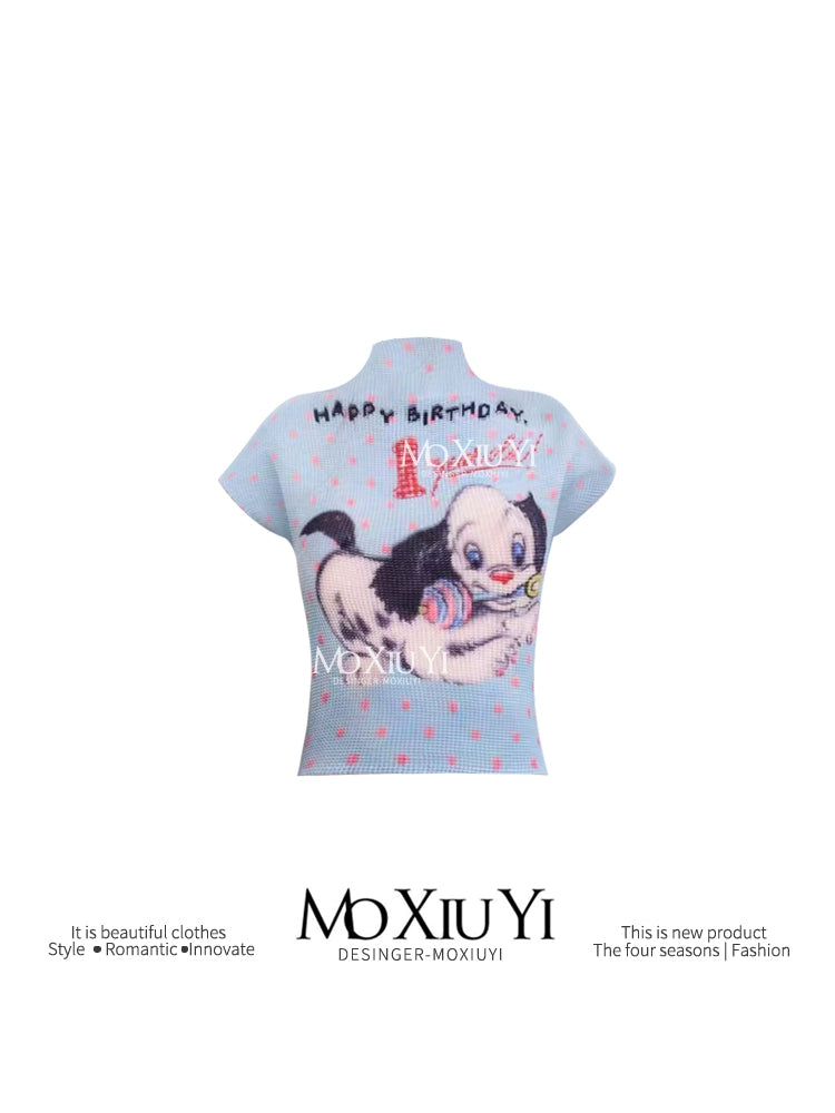 MoXiuYi Spot Blue Pink Dalmatian Pleated Half Turtleneck T-shirt