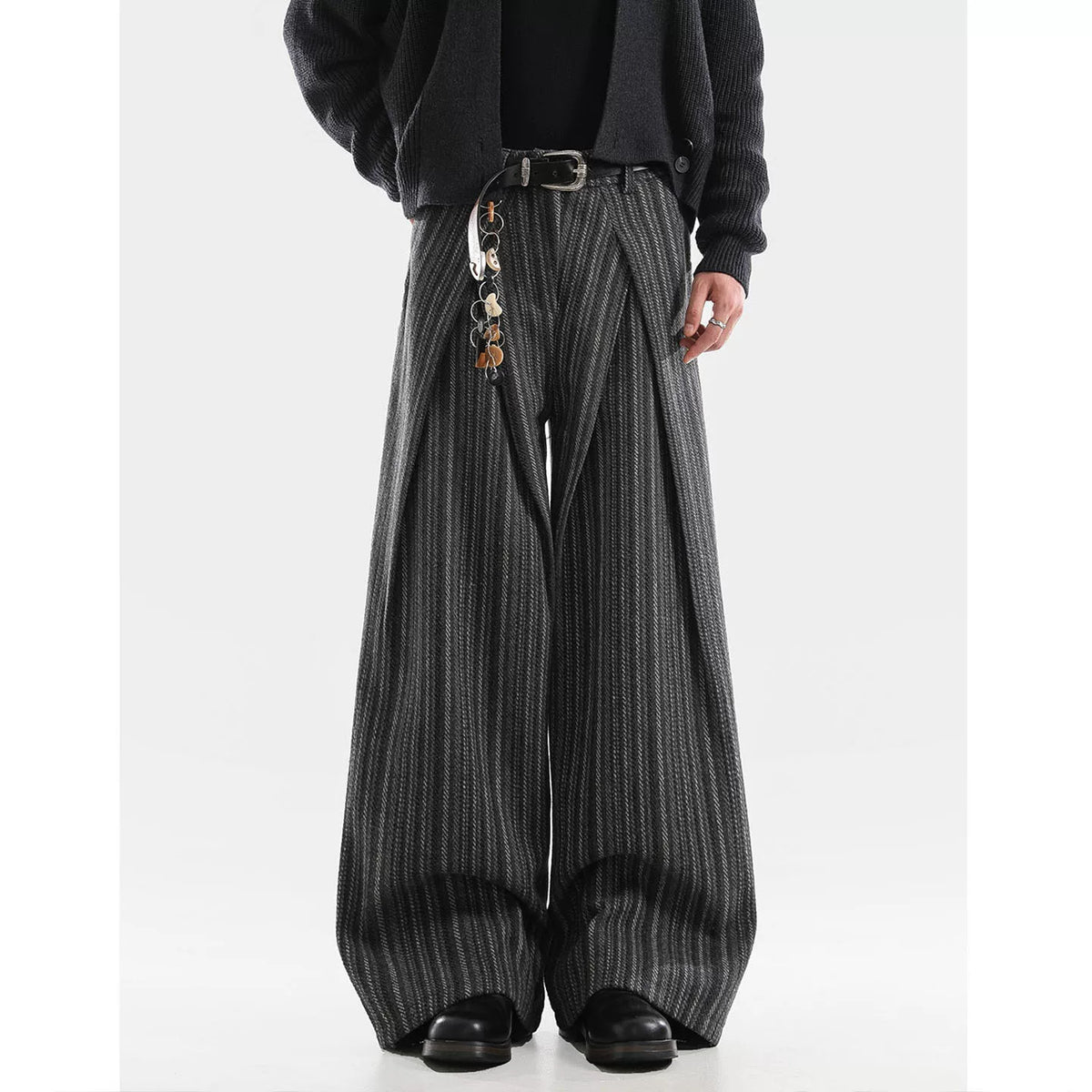 American Retro Pleated Striped Wool Wide Leg Pants
