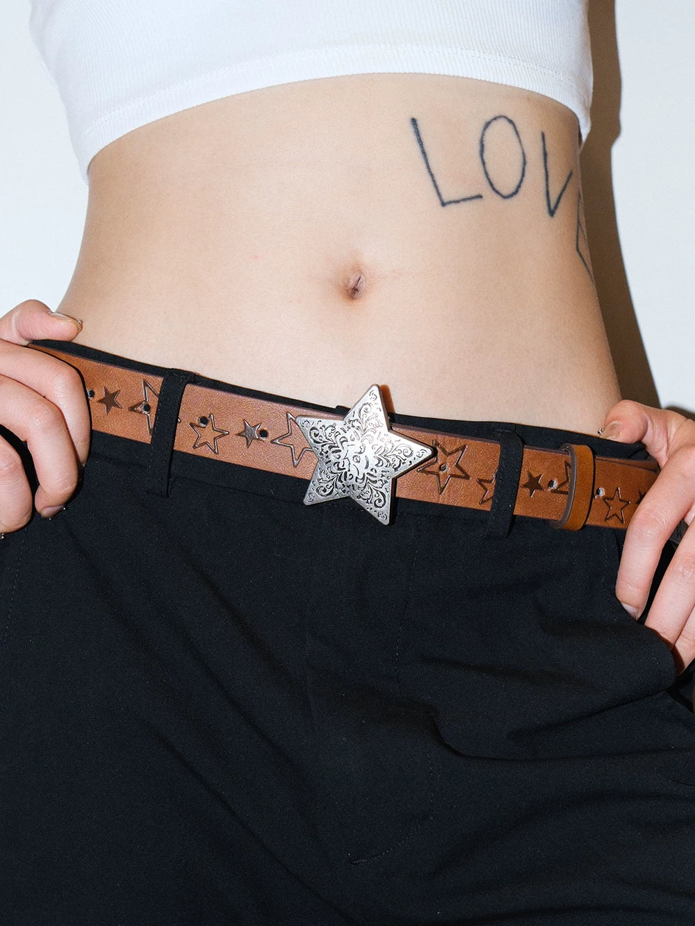 Darkblue Store Wasteland Star Carved Maillard Brown Belt