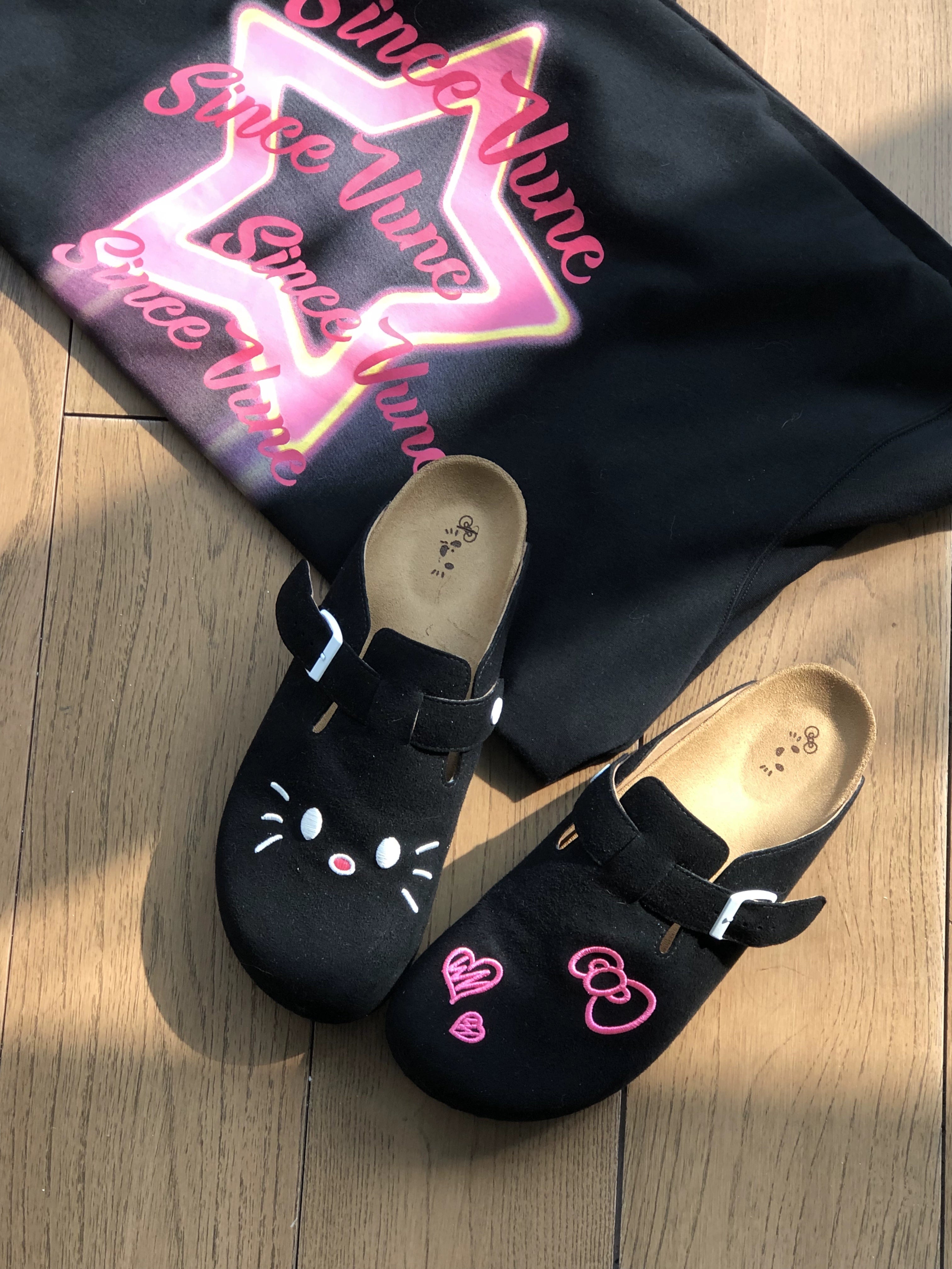 Cat & Sofa Black & Pink Birkenstock Half Slippers