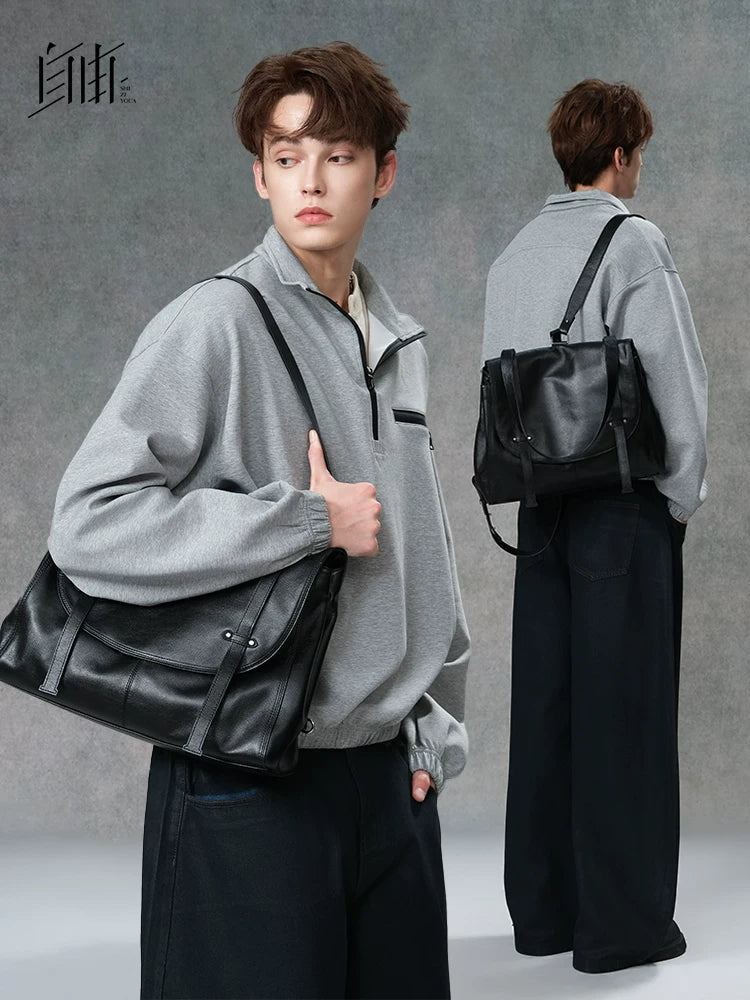 SFREEYA Retro Cowhide Messenger Backpack