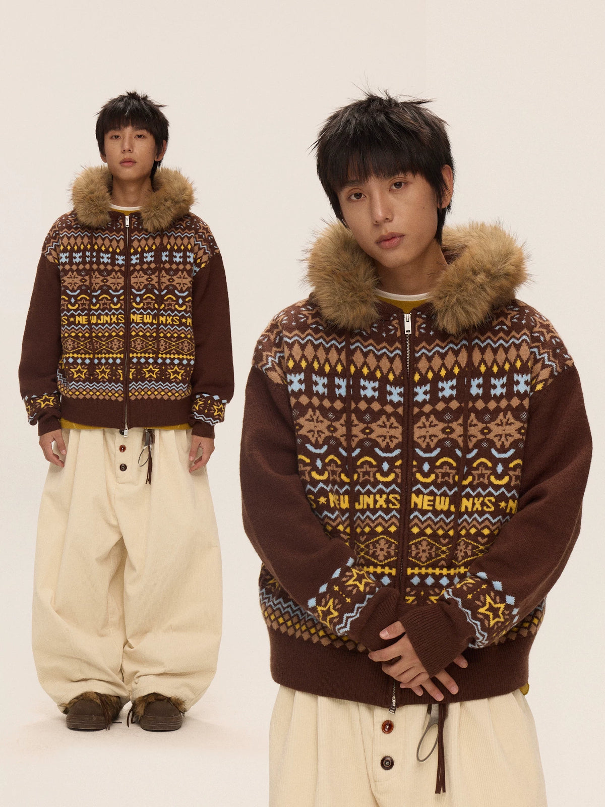 Mr. Jiangnan & andall Fair Isle Detachable Fur Collar Knit Cardigan