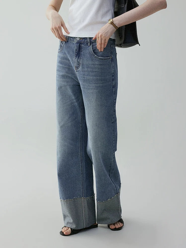 VOOE Korean Loose Fold-Over Curled Wide-Leg Jeans