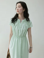VOOE Pleated V-neck Waist Short-sleeved Dress