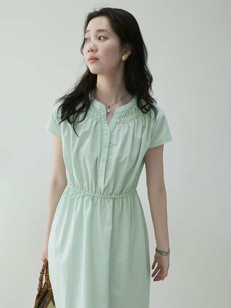 VOOE Pleated V-neck Waist Short-sleeved Dress