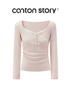 cantonstory French Lace Splicing Knit Long Sleeve Top