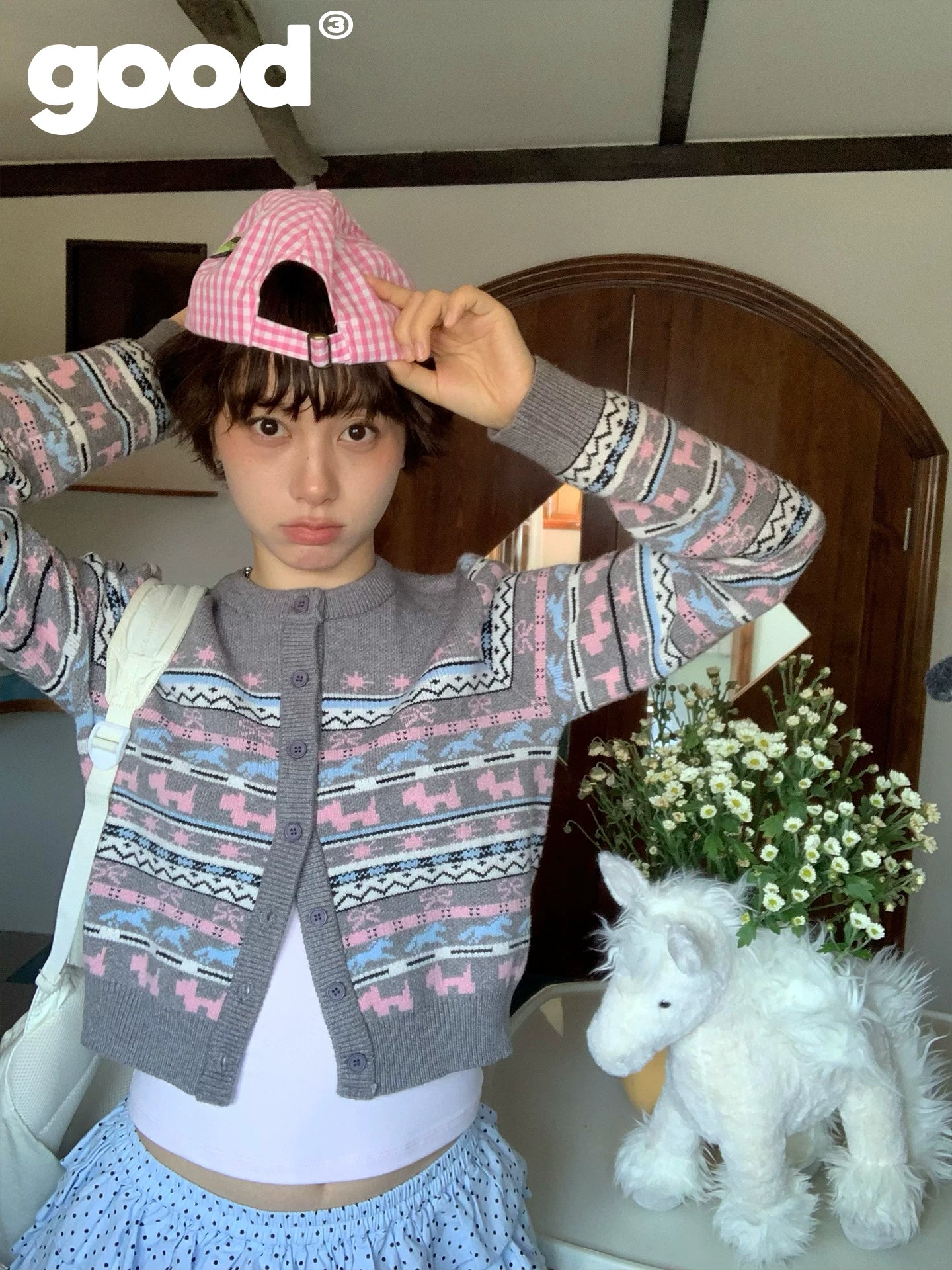 MeihaoStore Ranch Party Sweetheart Contrast Color Fair Isle Sweater Cardigan