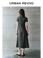 URBAN REVIVO Pleated Slit Slim Short Sleeve Dress