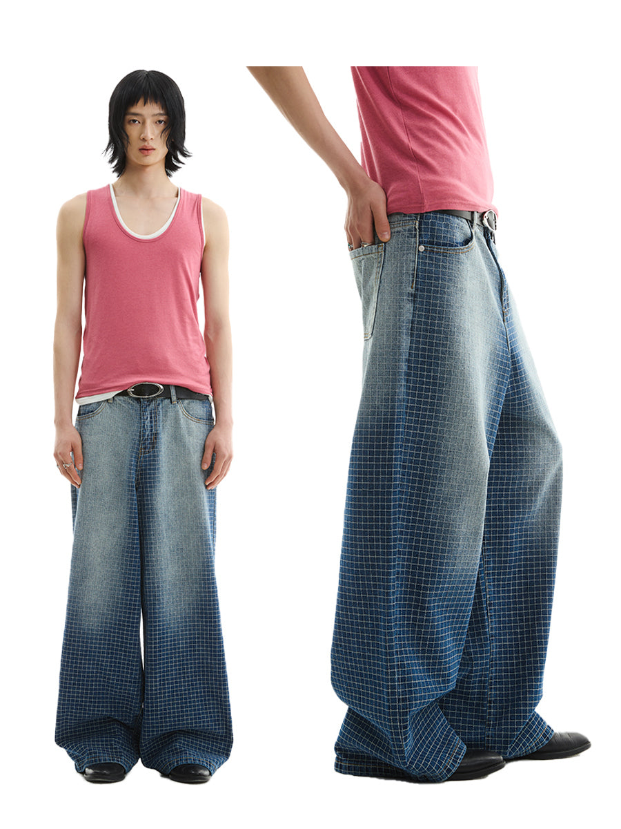 FUNKYFUN Embroidered Plaid Line Straight Jeans