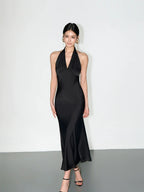 NEVA HU Premium Satin V-Neck Neck Dress