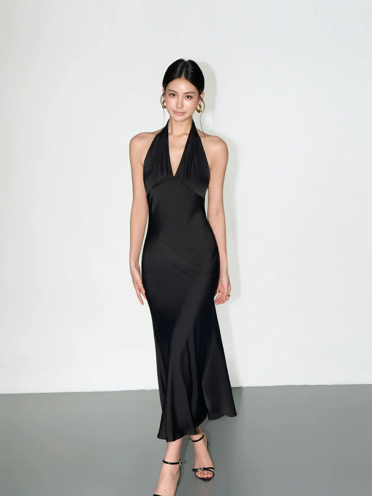 NEVA HU Premium Satin V-Neck Neck Dress