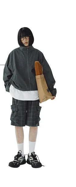 STILLYOU Simple Double Overalls Pocket Plaid Suit Shorts