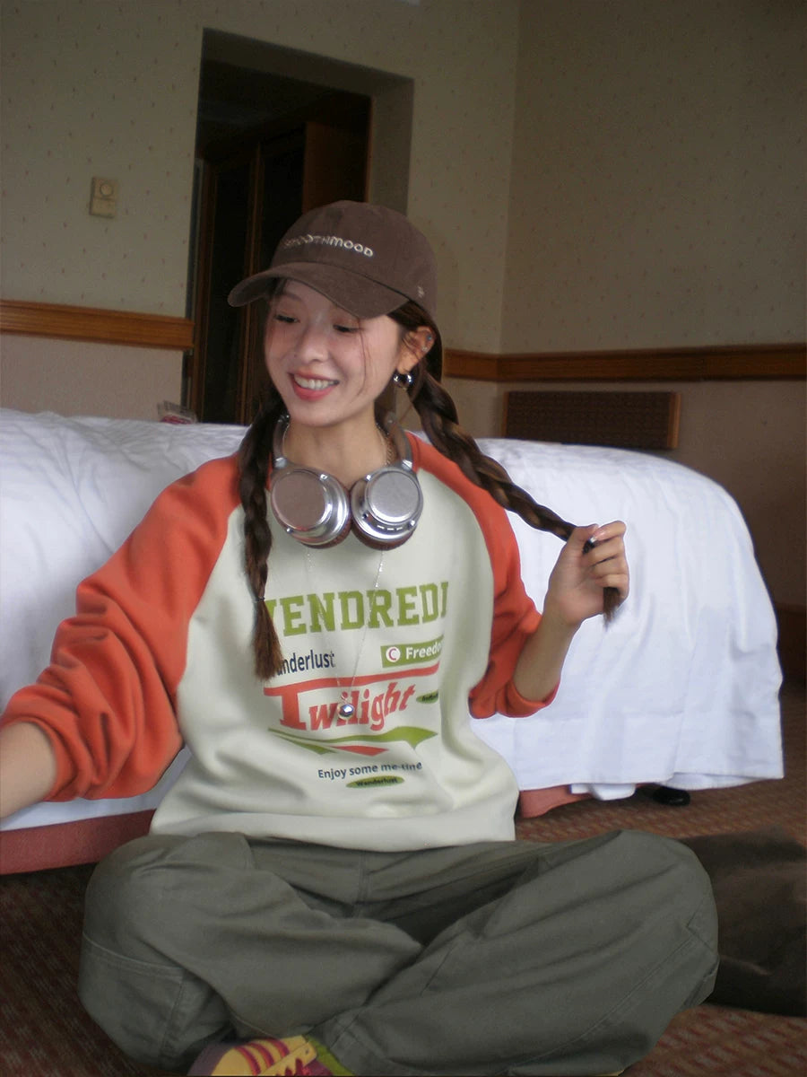 CCKOK Letter Print Color Raglan Sweatshirt