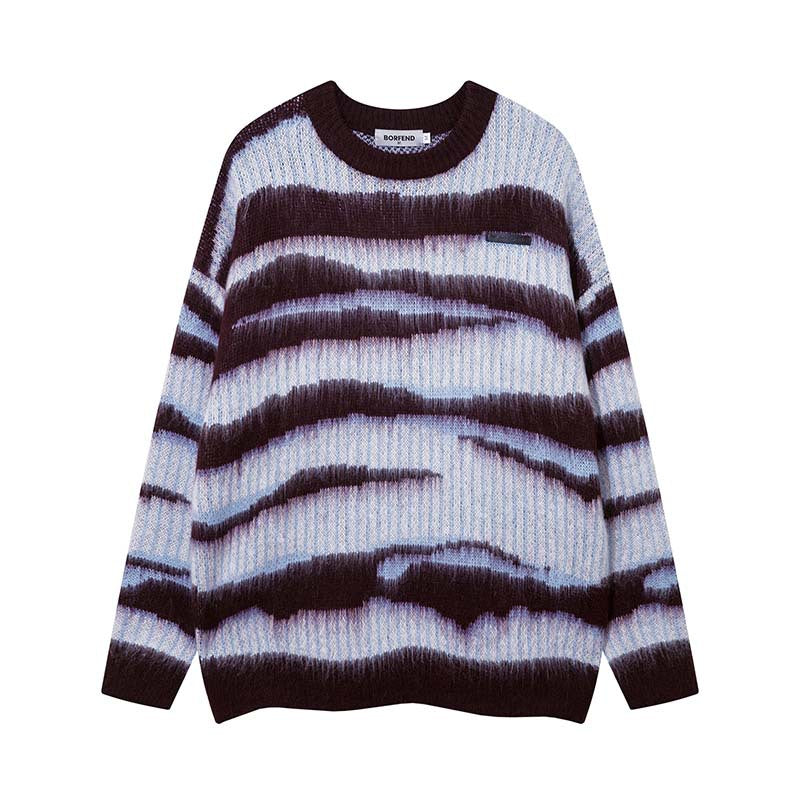 European & American Retro Striped Color Block Crewneck Sweater