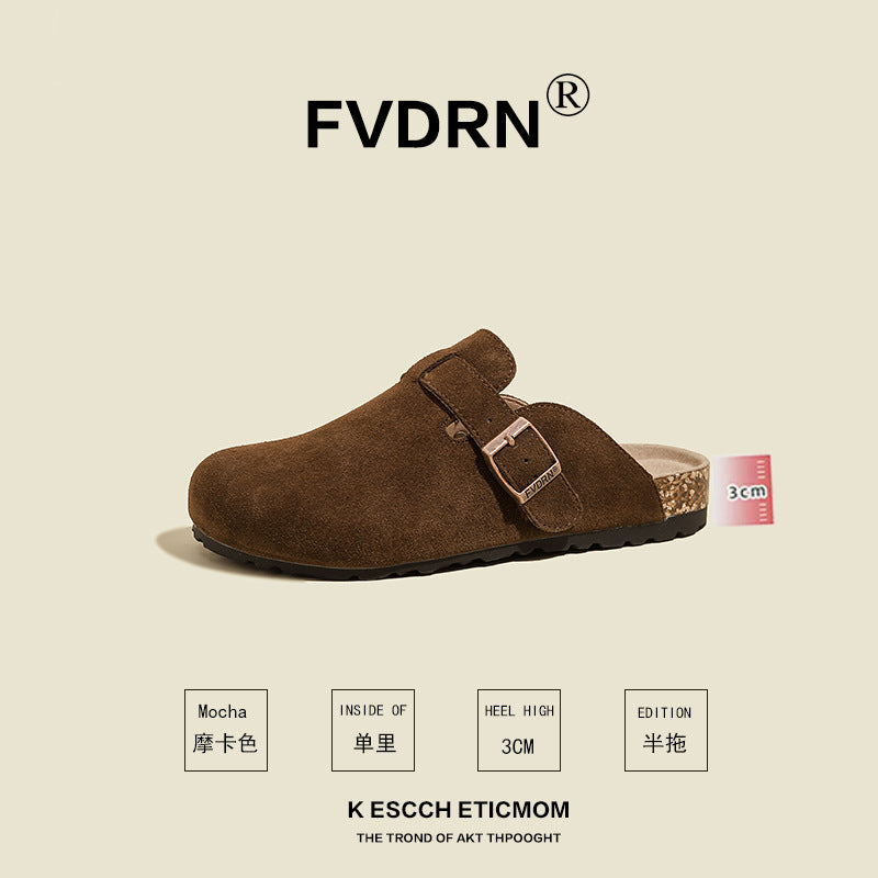 FVDRN Genuine Leather Cork Sole Clog Slippers