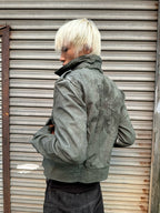 noEmosen Tie Gray Green Dyed Motorcycle Collar Jacket