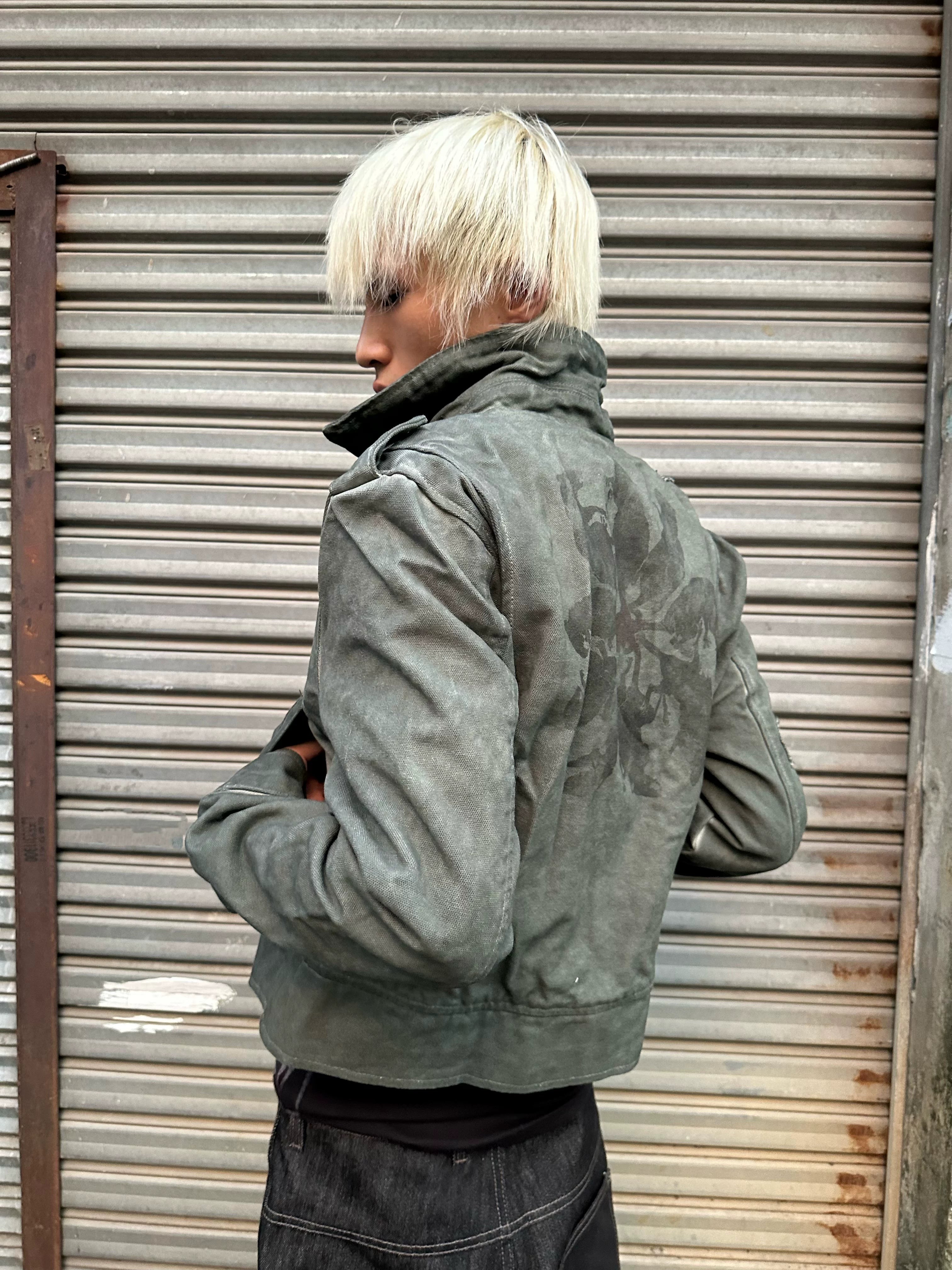 noEmosen Tie Gray Green Dyed Motorcycle Collar Jacket