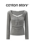 cantonstory French Lace Splicing Knit Long Sleeve Top