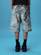 YADcrew Plaid Shirt Chain Print Denim Shorts