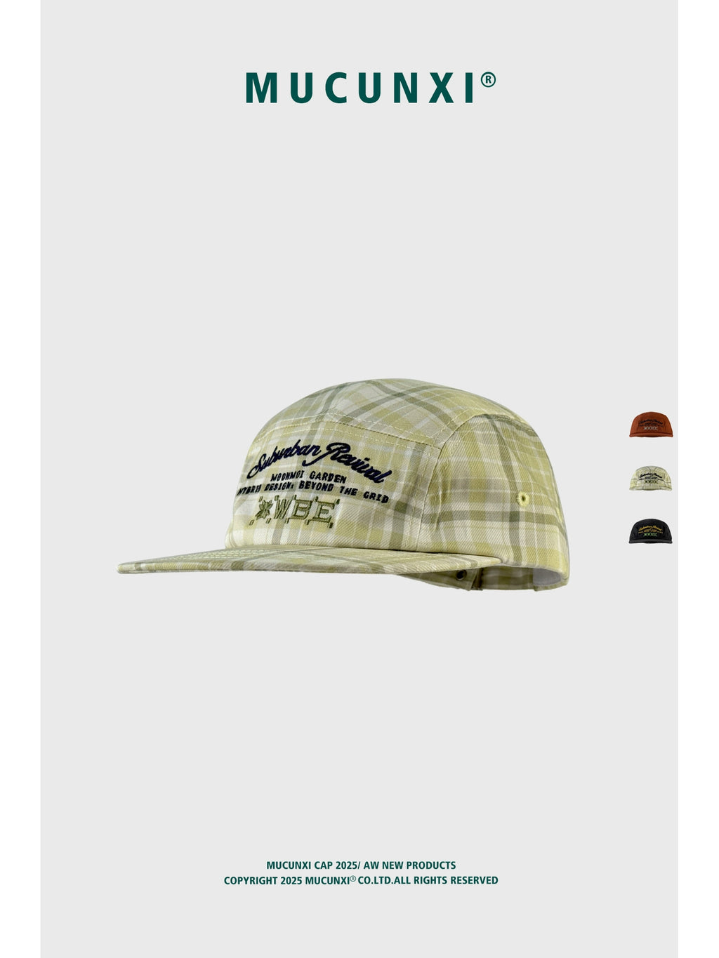 MUCUNXI Korean Designer Letter Embroidered Five-Panel Plaid Cap