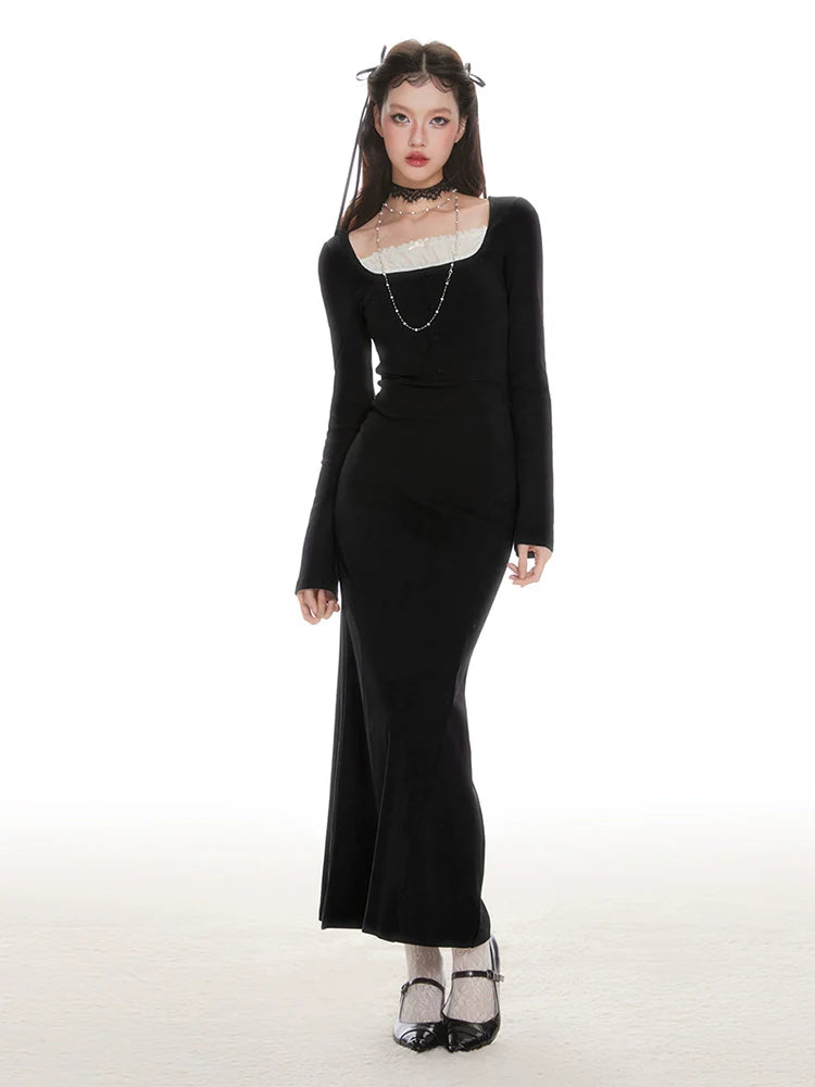 IMONE Vintage Lace Square Neck Knitted Dress