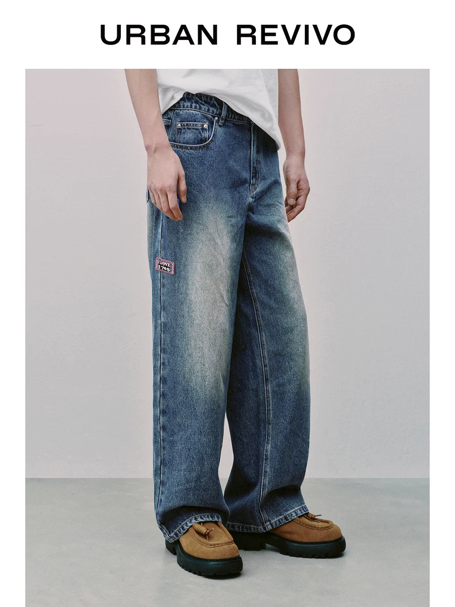 Urban Revivo Men's Contrast Embroidered Wide Leg Jeans