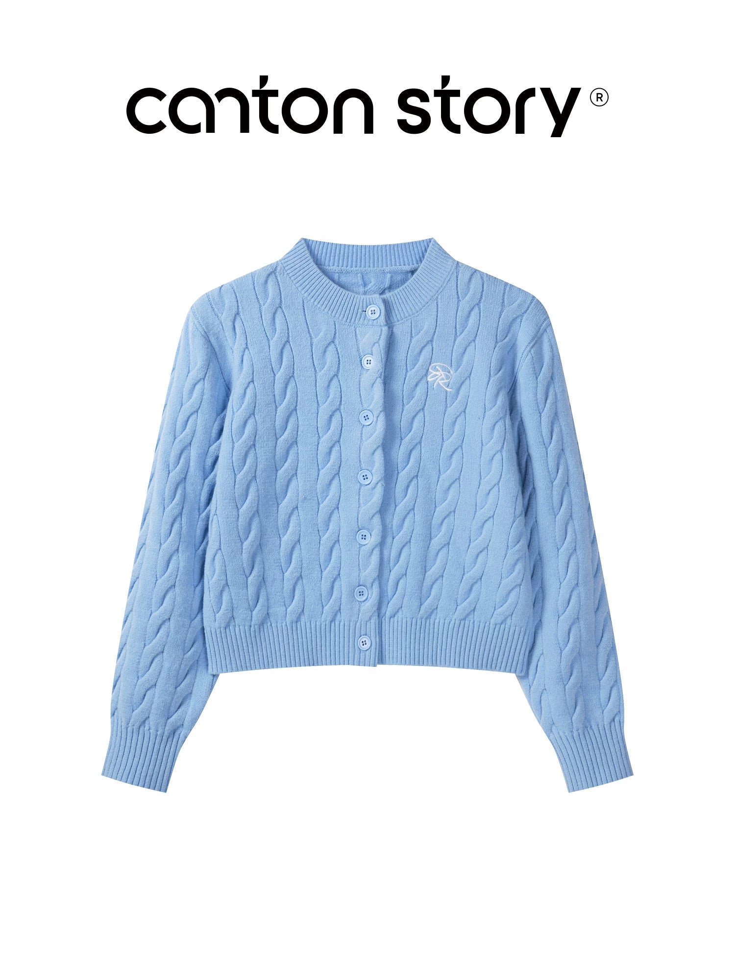 cantonstory Blue Embroidered Twist Knit Cardigan Sweater