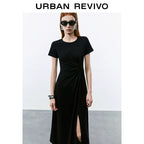 URBAN REVIVO Pleated Slit Slim Short Sleeve Dress