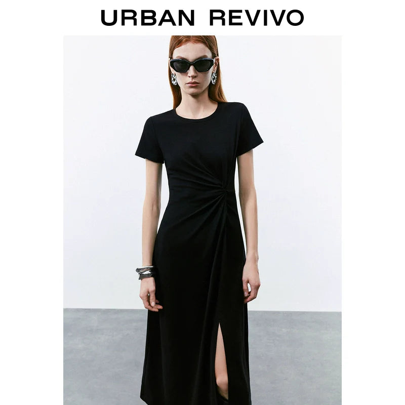 URBAN REVIVO Pleated Slit Slim Short Sleeve Dress